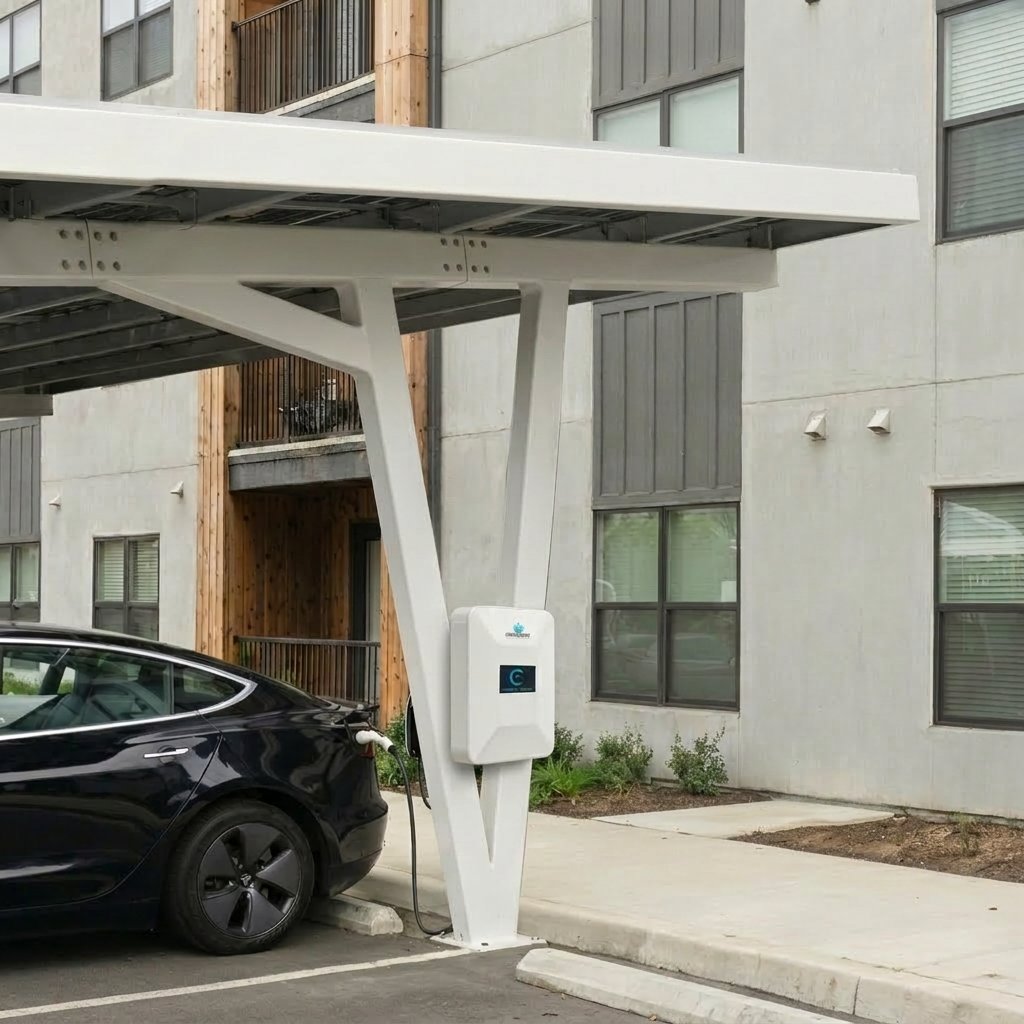 Solar EV charging canopy at commercial building